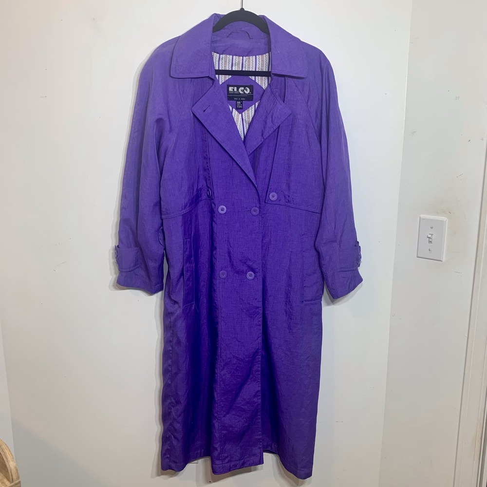 EUC Vintage Elco Purple Nylon Polyester Double Breasted Trench Coat Size‎ 9/10